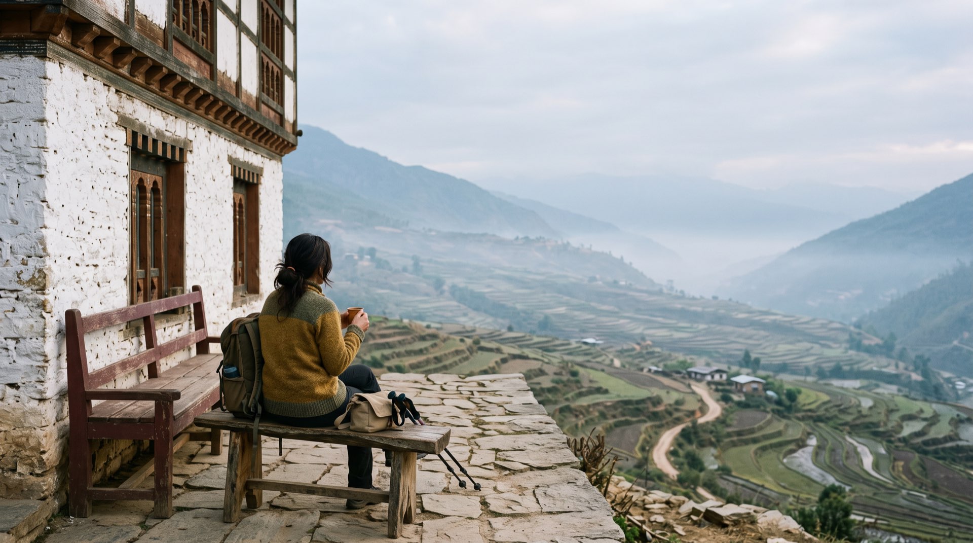 A solo traveller with tea outside a Bhutanese farmhouse