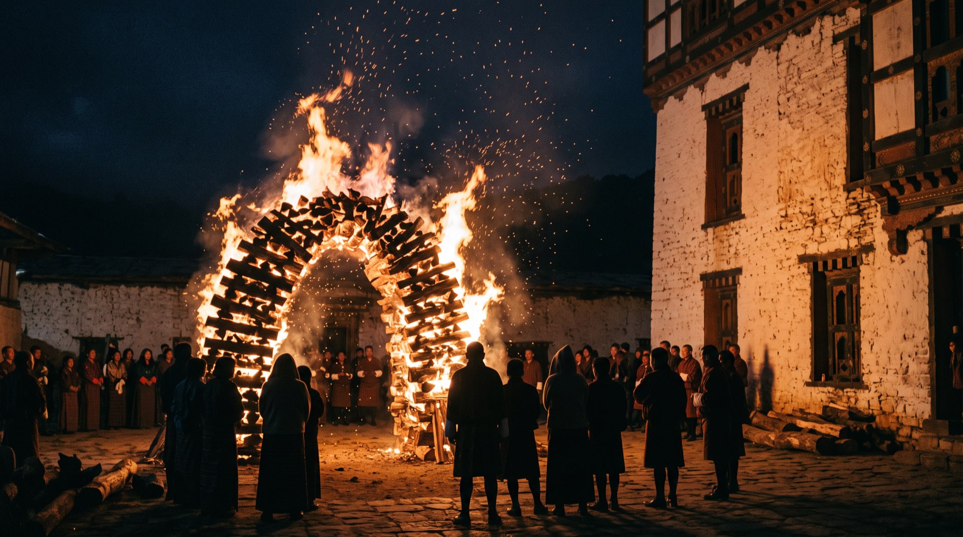 A bonfire arch at night in a temple courtyard