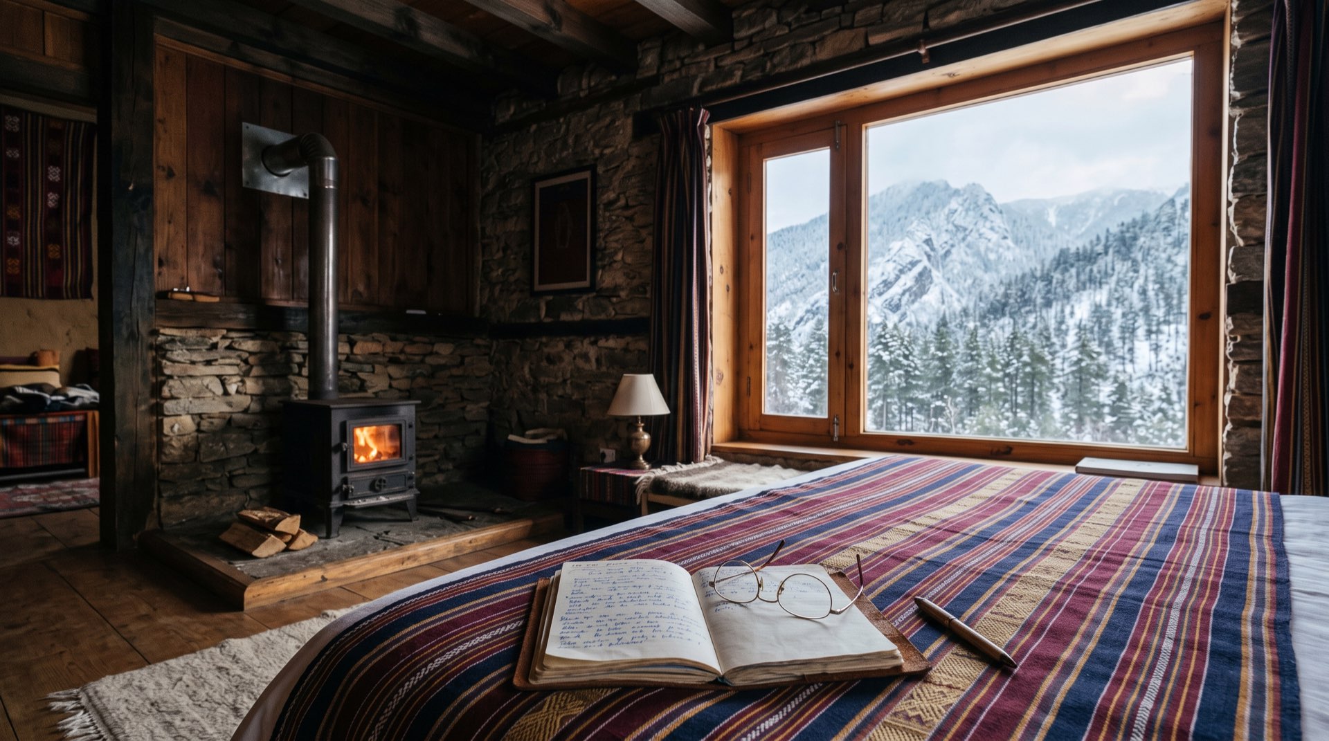 A lodge suite with a glowing wood stove and a snowy ridge outside