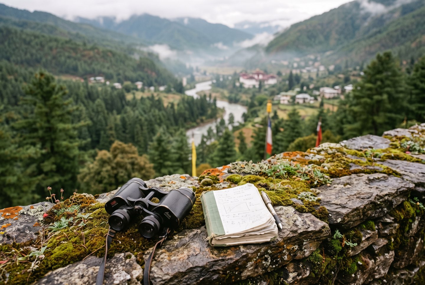 Binoculars and a notebook on a mossy wall above a valley