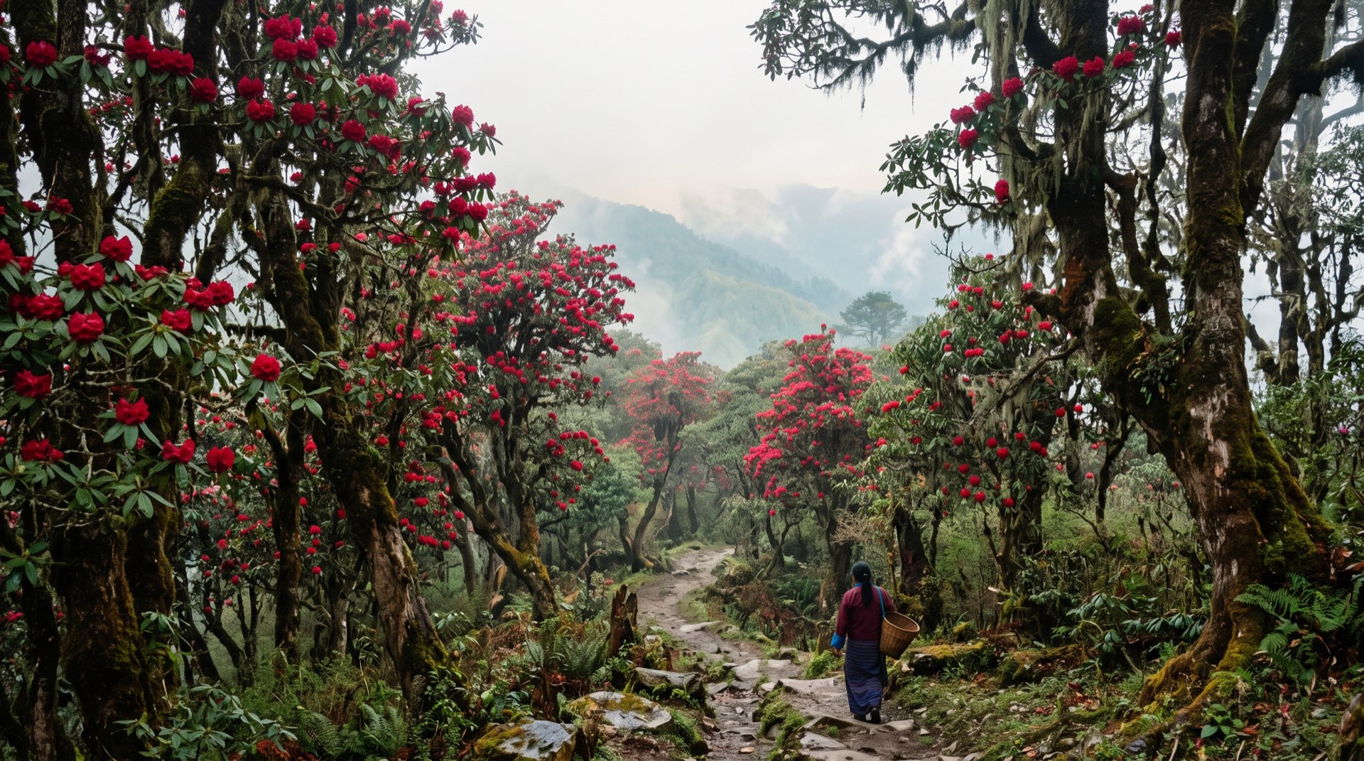 Rhododendron forest in bloom on a misty ridge