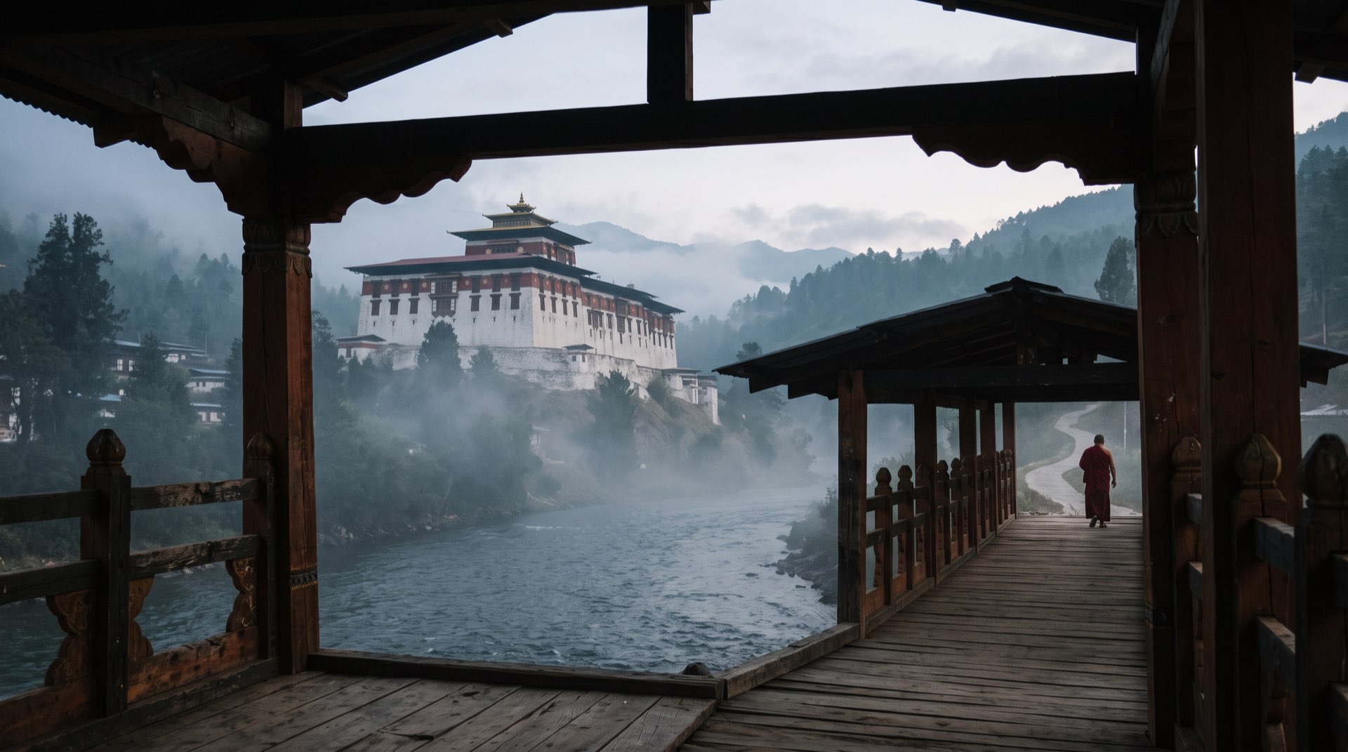 Paro’s Rinpung Dzong from the covered bridge at dawn