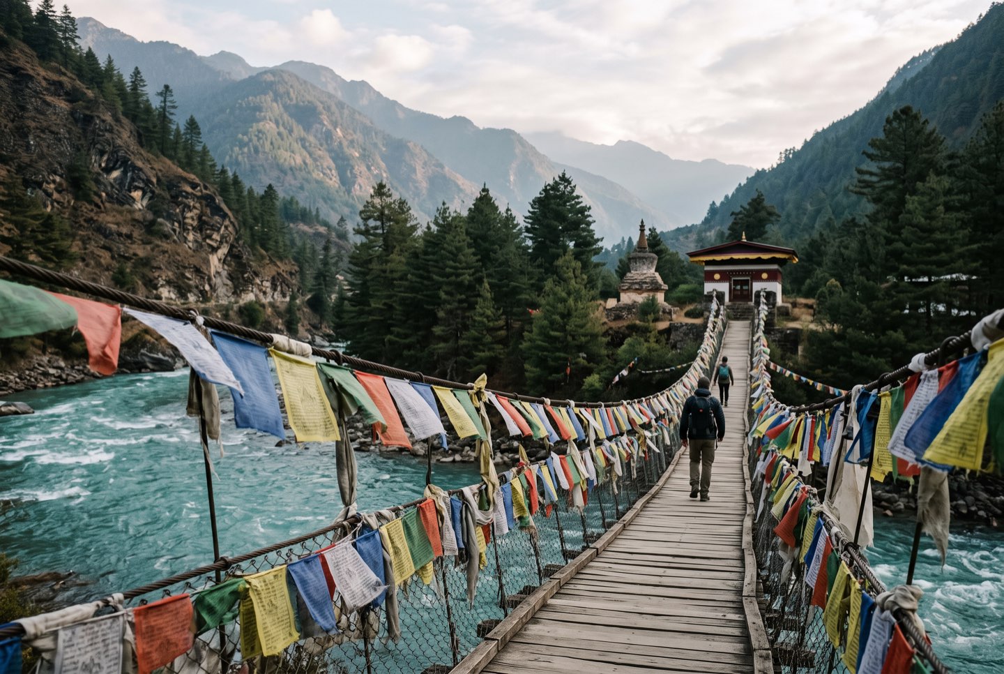 A long suspension bridge hung with prayer flags over a turquoise river, two walkers small in the morning light