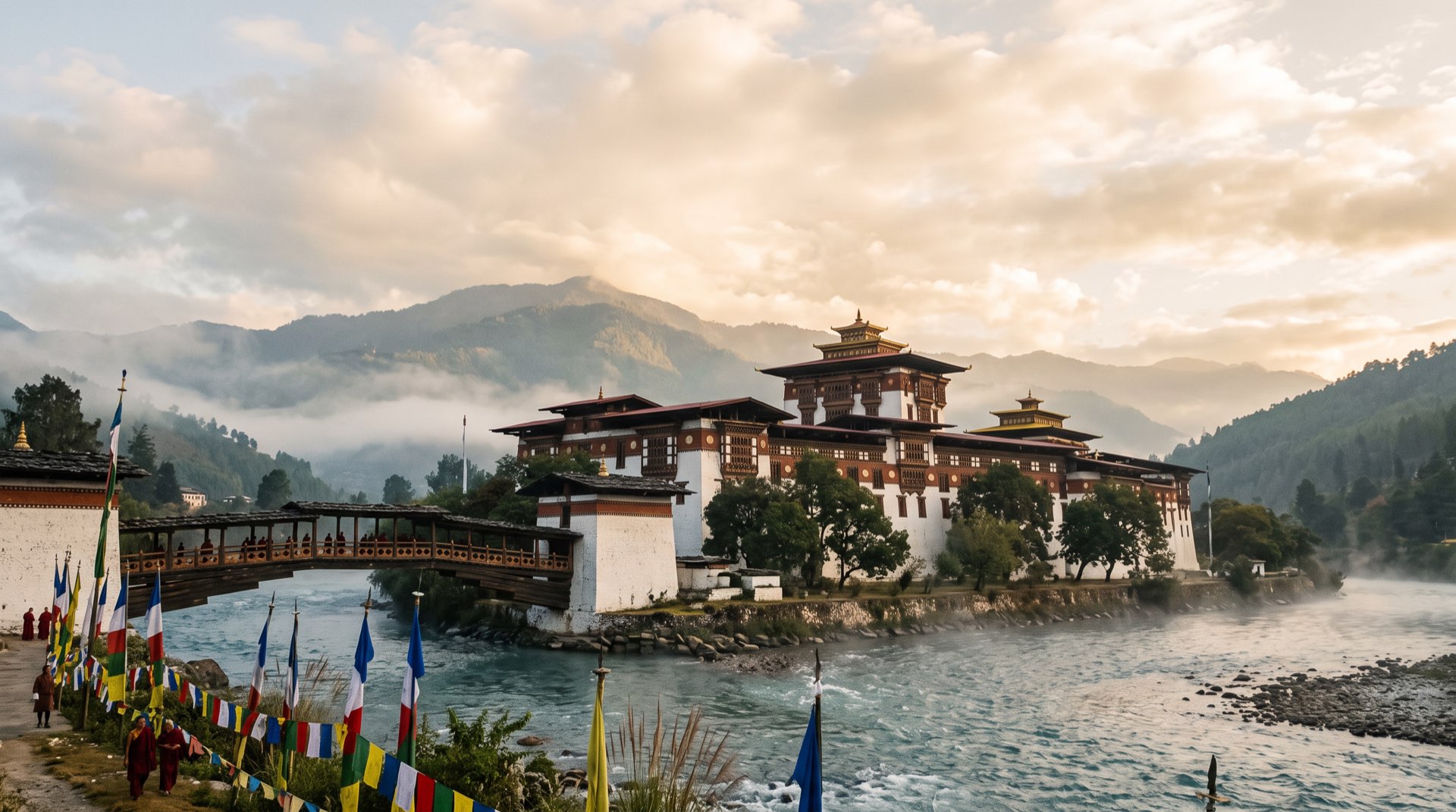 Punakha Dzong at golden hour by the river