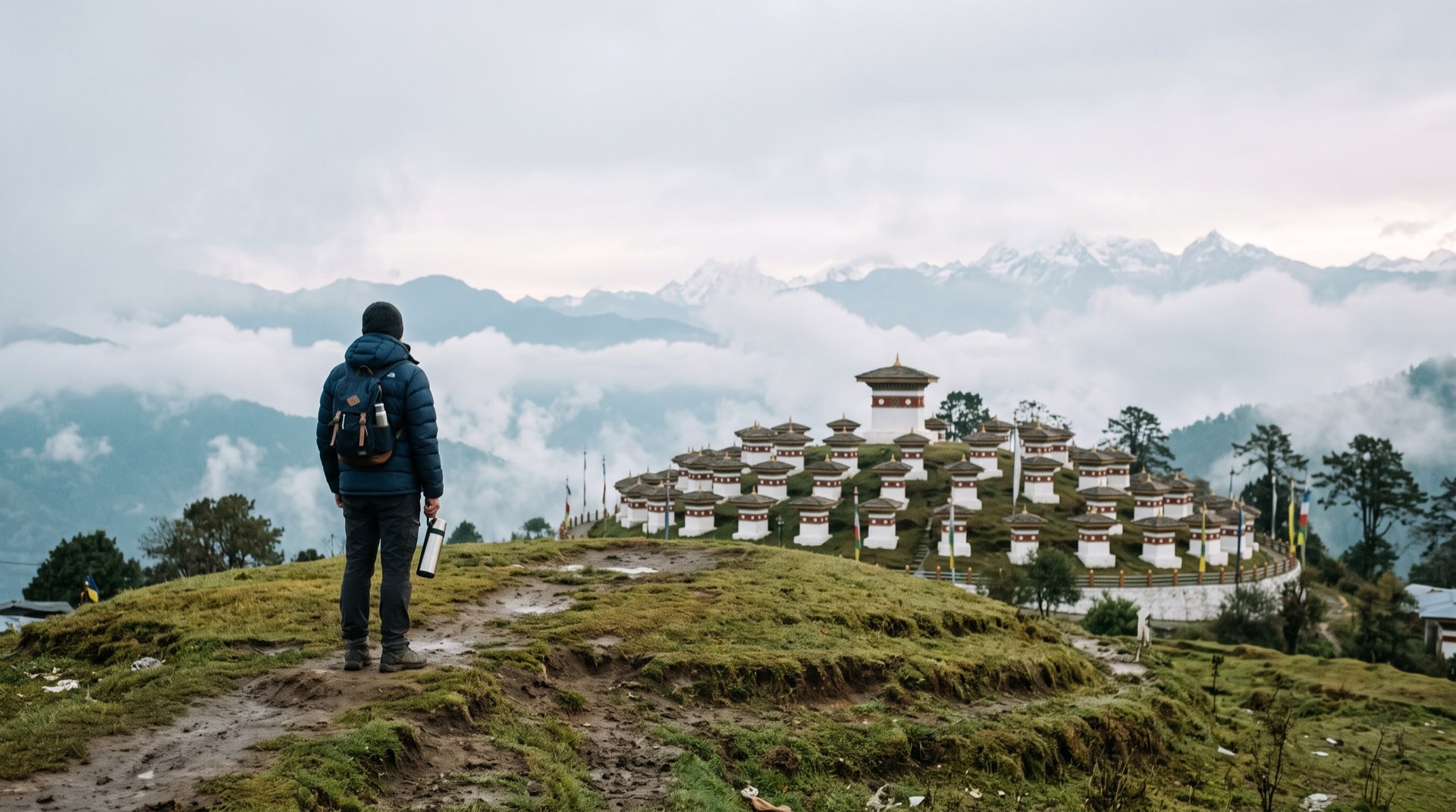 A traveller among the 108 chortens at Dochula Pass in morning cloud