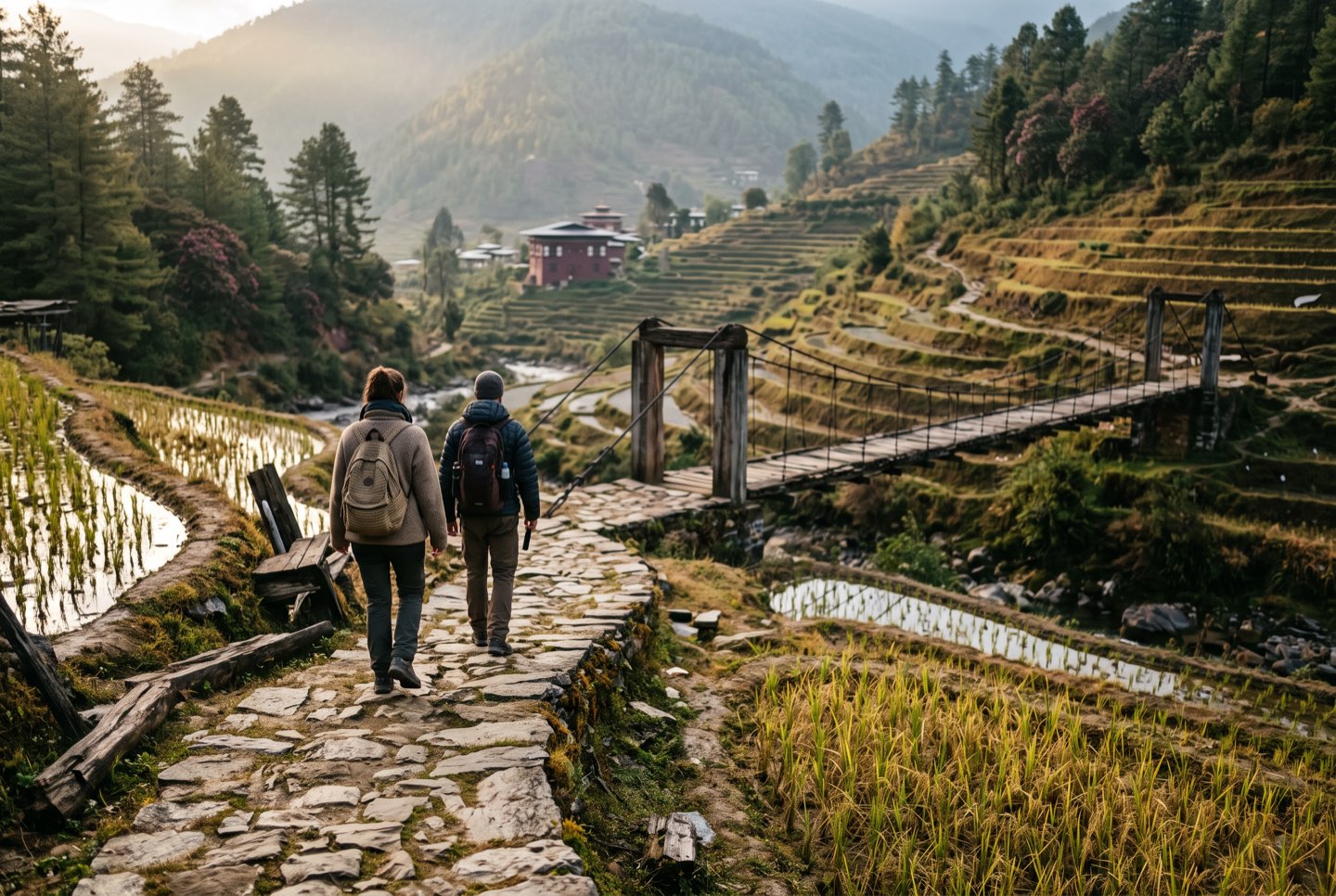 Two walkers on the old path between terraces