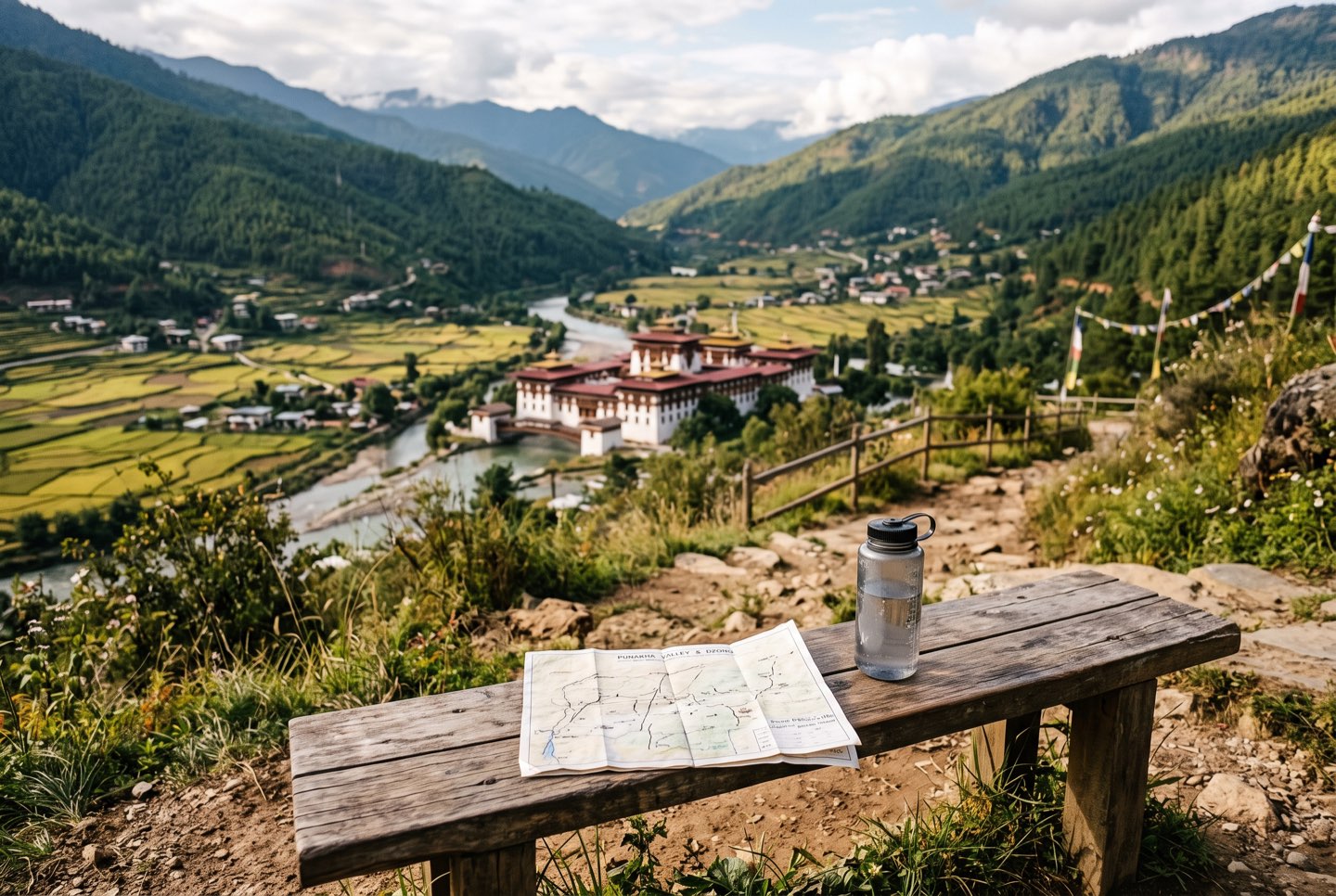 A trail bench with a map overlooking the Punakha valley
