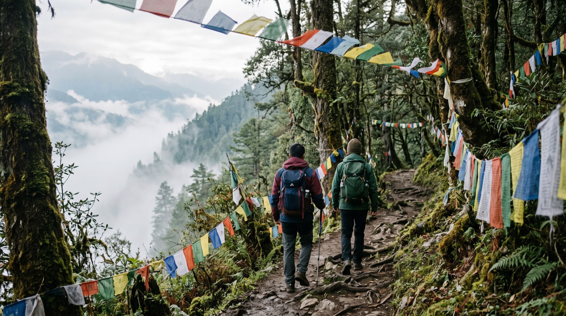 Two walkers on a prayer-flag forest trail above Paro