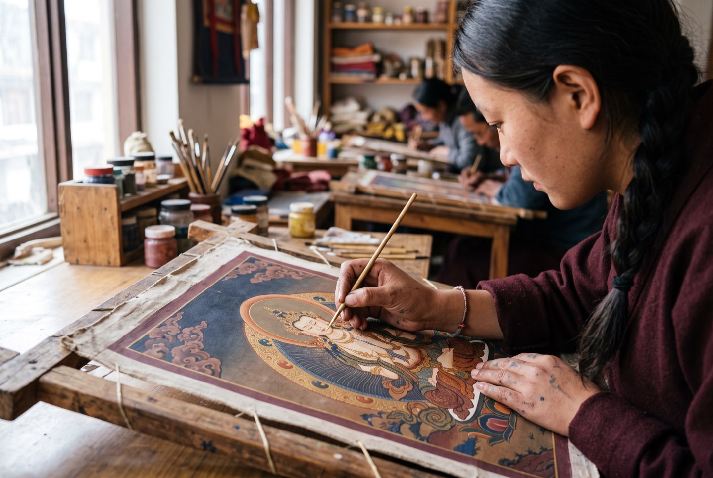 A student painting gold detail on a thangka