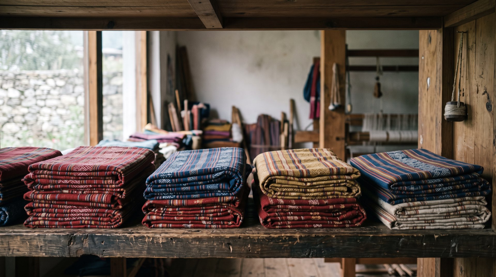 Handwoven textiles stacked in a craft workshop